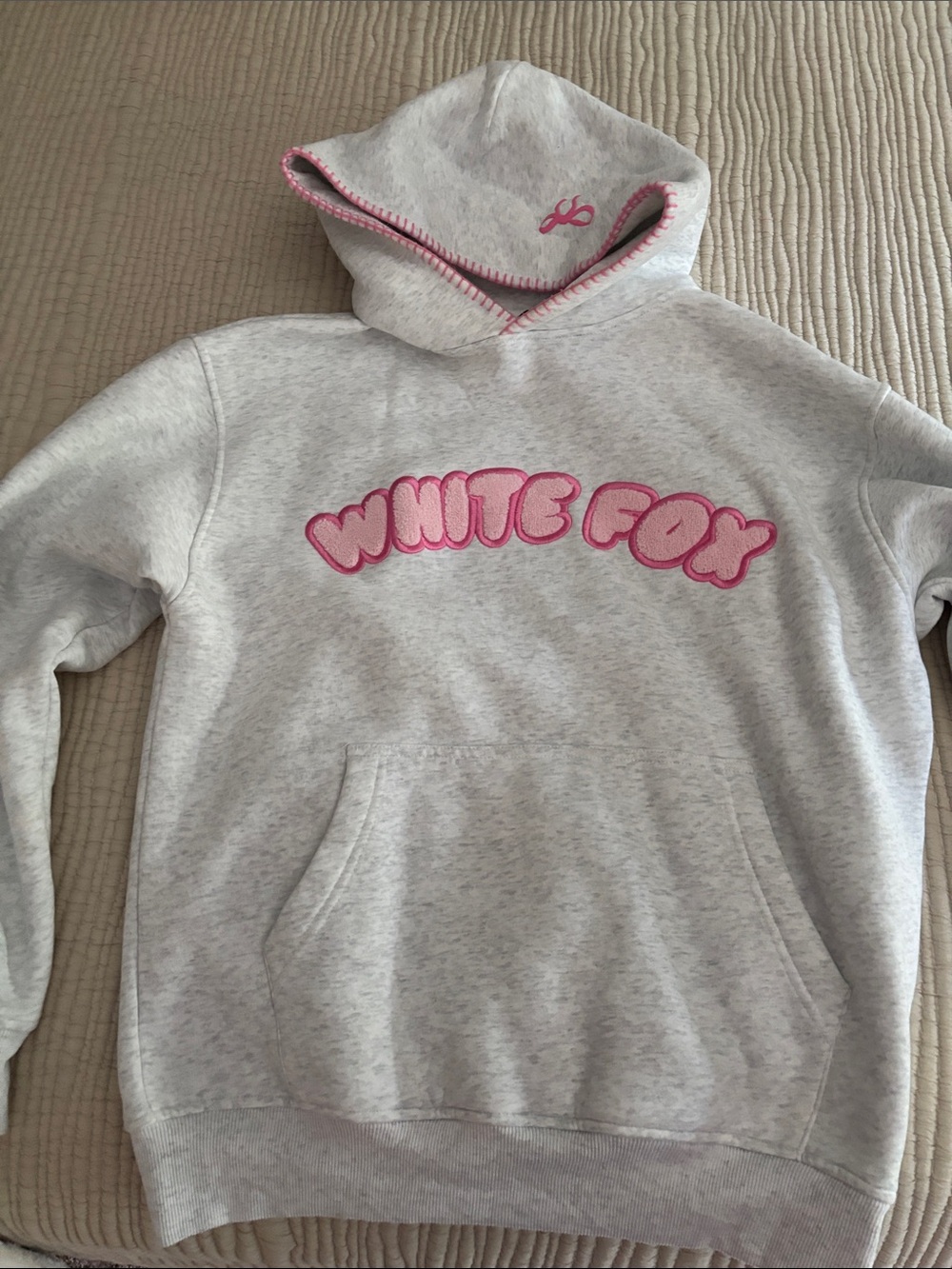 White Fox Gray Hoodie with Puffy Pink Logo